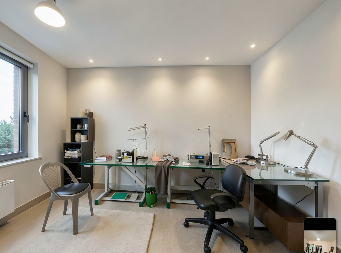 Main redesign studio: Redesign this room in a Modern interior style: clean lines, a neutral palette with bold accents, sleek low-profile furniture, glass and matte-metal su