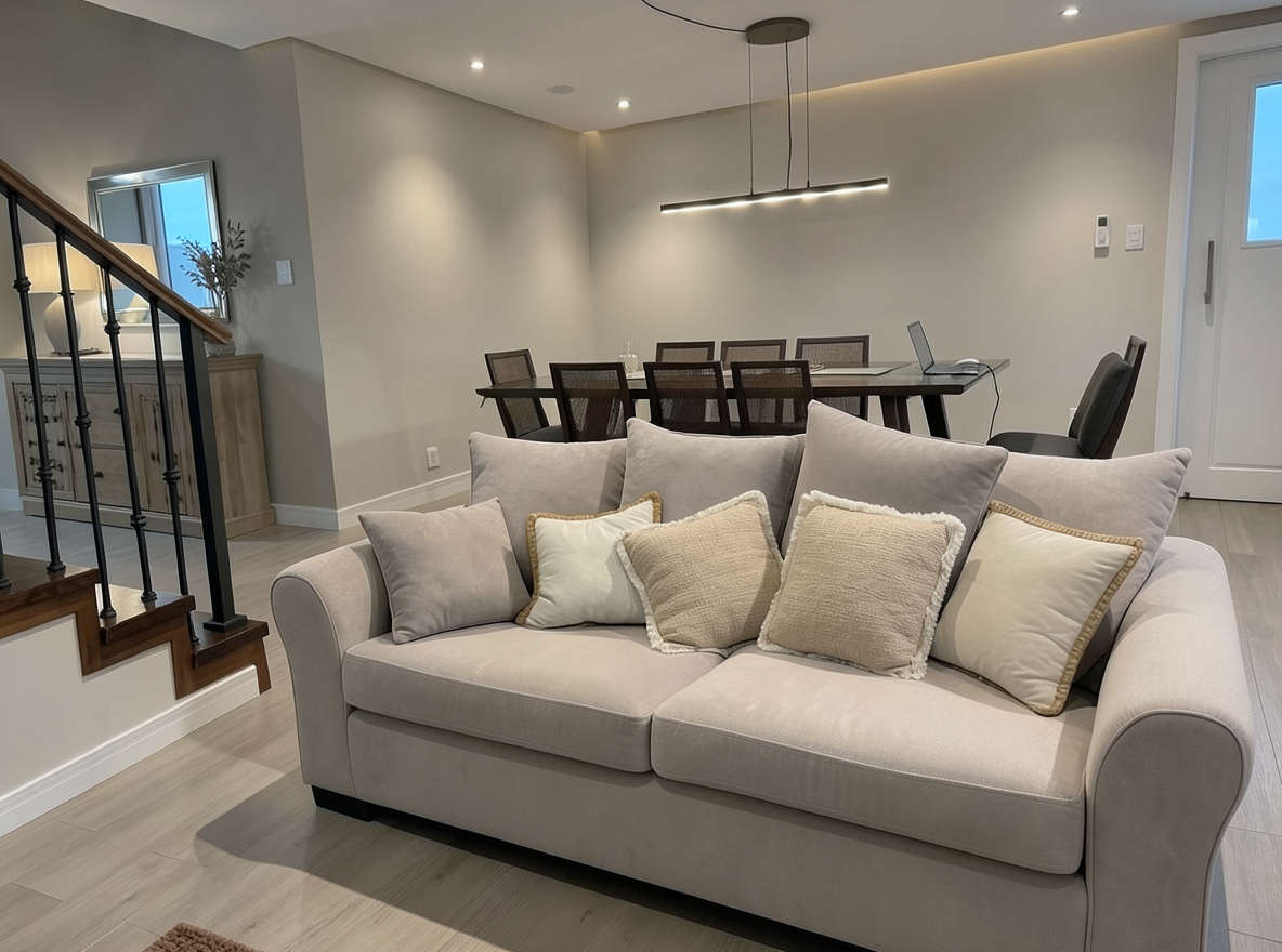 Main redesign studio: Redesign this room in a Modern interior style: clean lines, a neutral palette with bold accents, sleek low-profile furniture, glass and matte-metal su