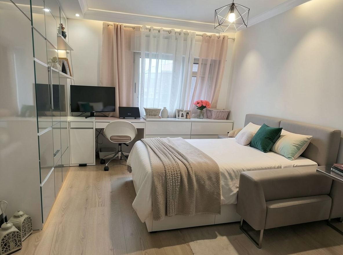 Main redesign studio: Redesign this room in a Modern interior style: clean lines, a neutral palette with bold accents, sleek low-profile furniture, glass and matte-metal su