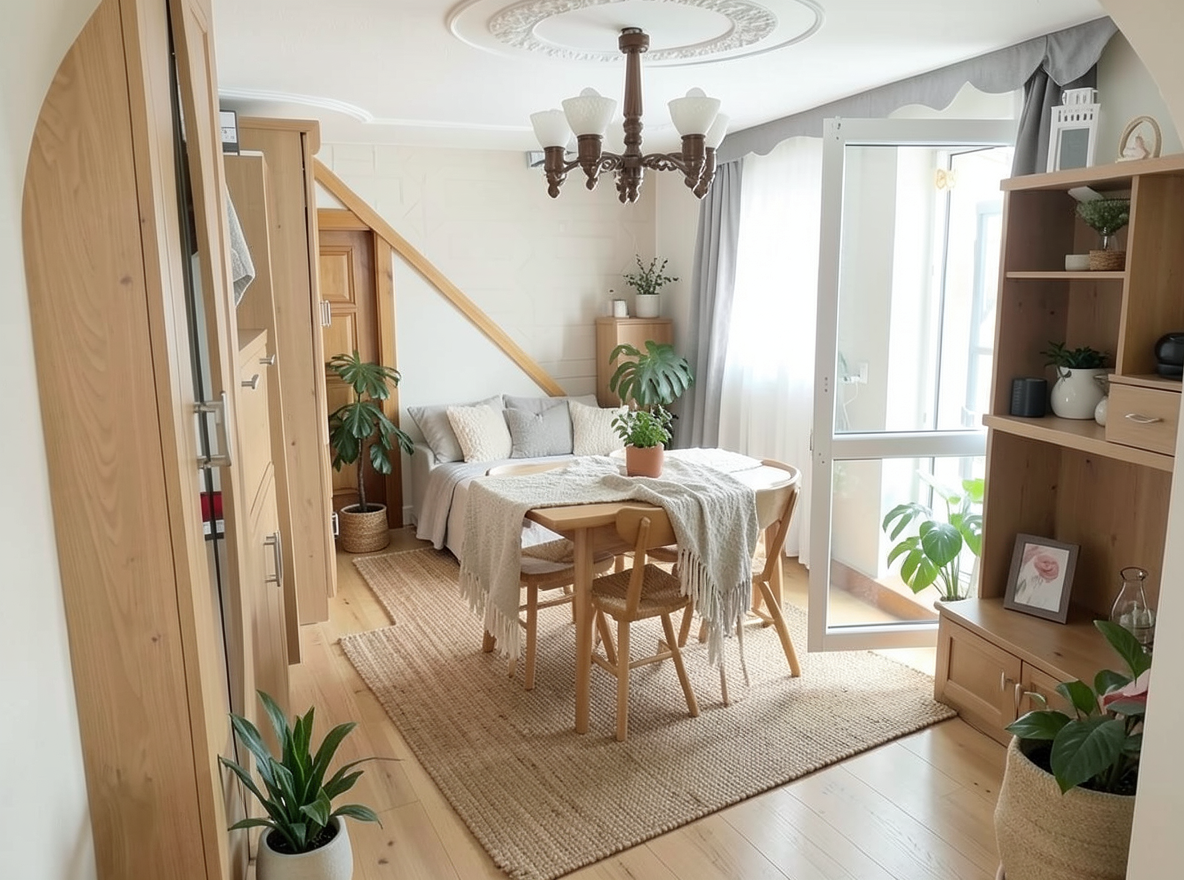 Main redesign studio: Redesign this room in a Scandinavian interior style: light oak wood, a white and soft-grey palette, wool and linen textiles, a woven jute rug, leafy p
