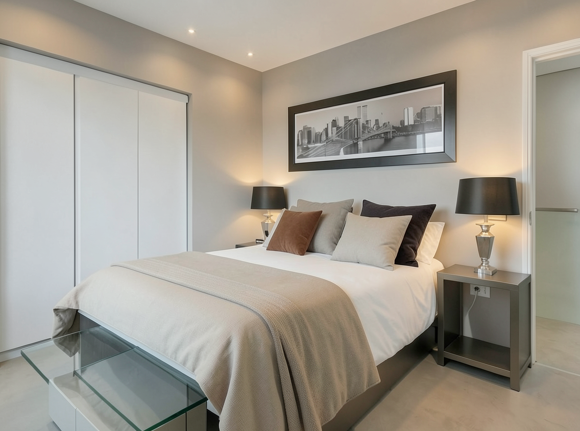 Main redesign studio: Redesign this room in a Modern interior style: clean lines, a neutral palette with bold accents, sleek low-profile furniture, glass and matte-metal su