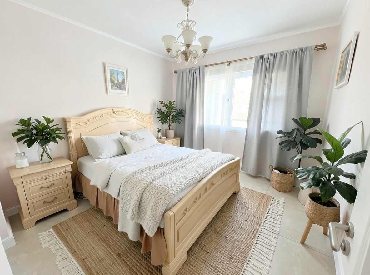 Main redesign studio: Redesign this room in a Scandinavian interior style: light oak wood, a white and soft-grey palette, wool and linen textiles, a woven jute rug, leafy p