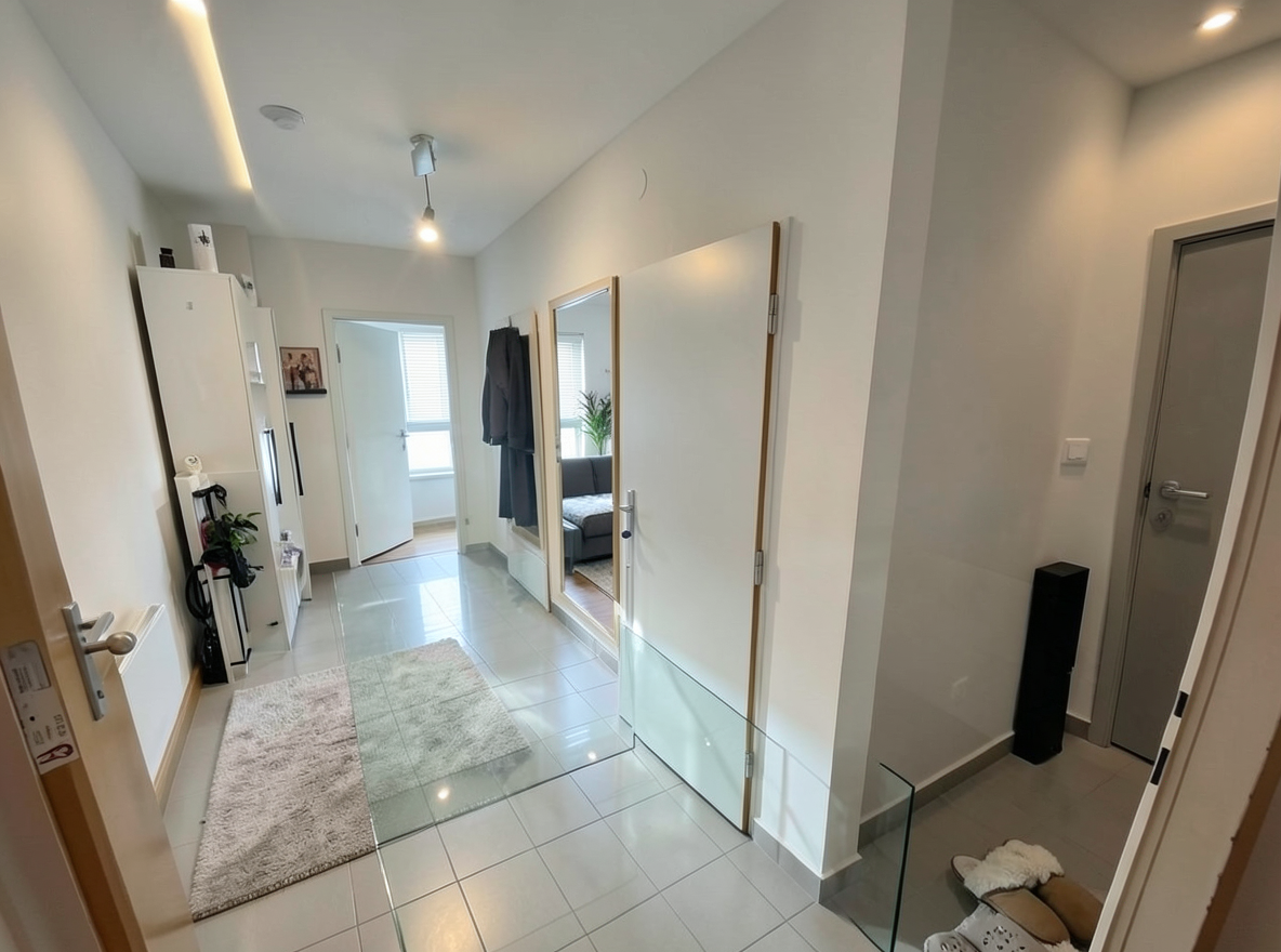 Main redesign studio: Redesign this room in a Modern interior style: clean lines, a neutral palette with bold accents, sleek low-profile furniture, glass and matte-metal su