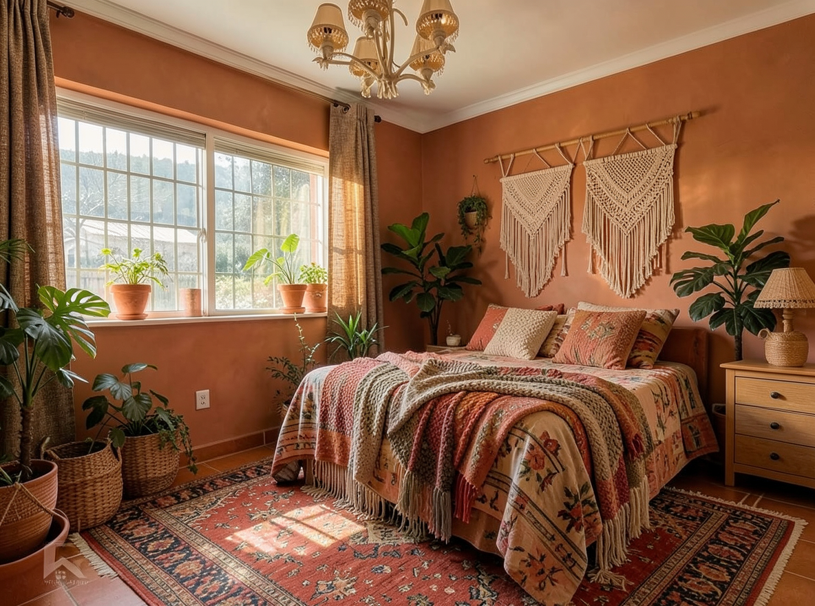 Main redesign studio: Redesign this room in a Boho interior style: layered patterned textiles, rattan and macramé, terracotta and warm earthy tones, abundant plants, vintag