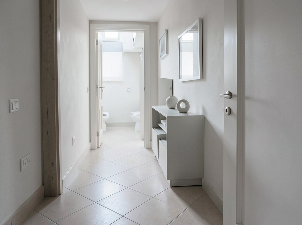 Main redesign studio: Redesign this room in a Minimalist interior style: an uncluttered space, a monochrome neutral palette, a few sculptural pieces, concealed storage, sof
