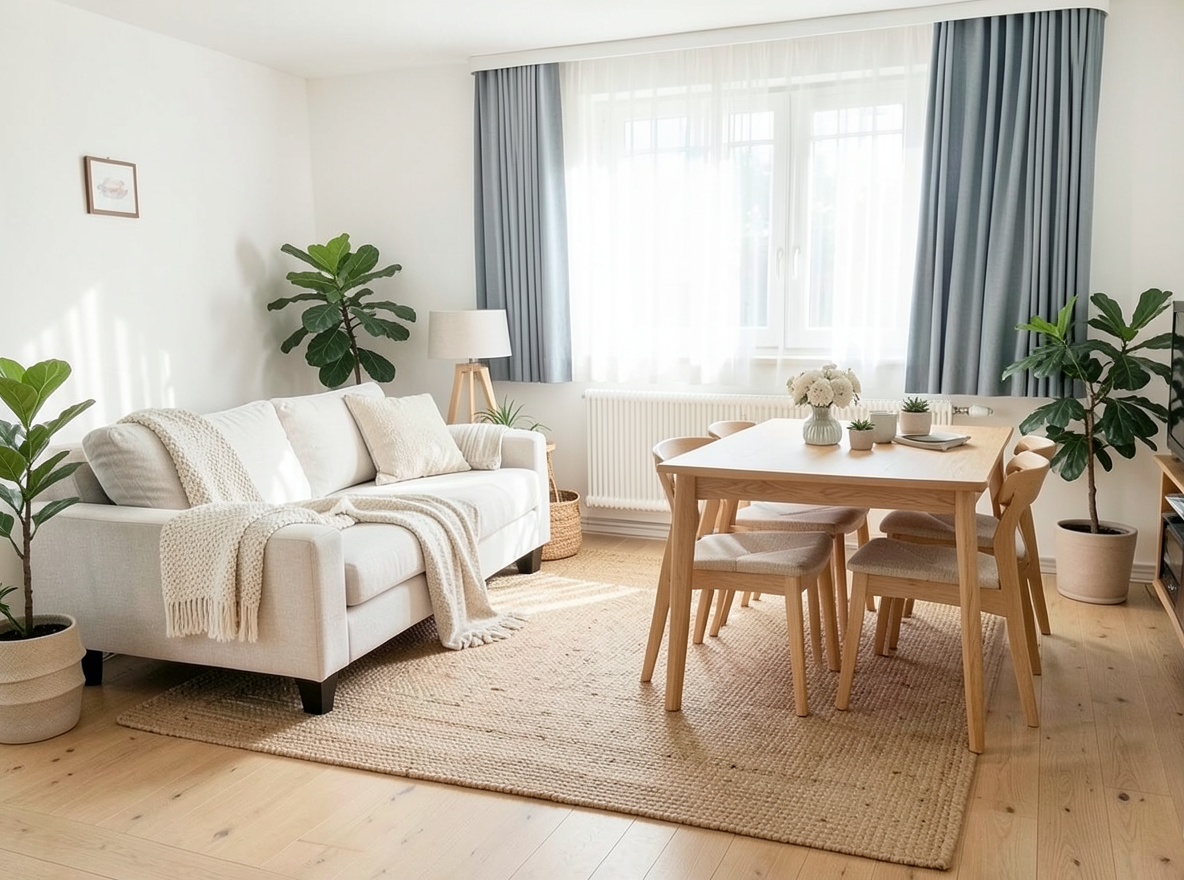 Main redesign studio: Redesign this room in a Scandinavian interior style: light oak wood, a white and soft-grey palette, wool and linen textiles, a woven jute rug, leafy p