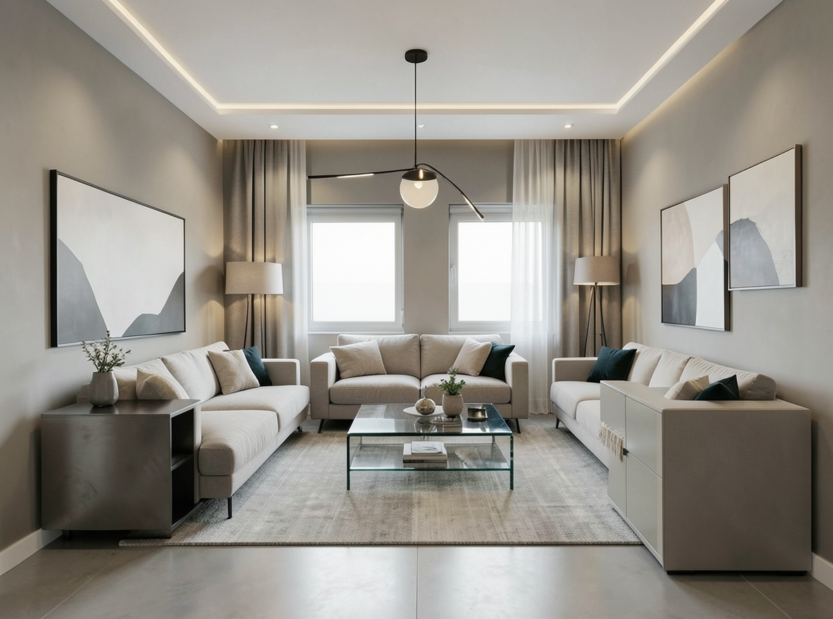 Main redesign studio: Redesign this room in a Modern interior style: clean lines, a neutral palette with bold accents, sleek low-profile furniture, glass and matte-metal su
