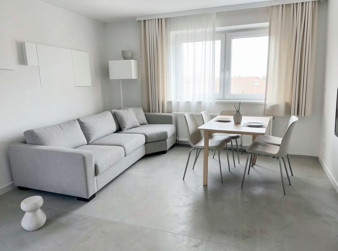 Main redesign studio: Redesign this room in a Minimalist interior style: an uncluttered space, a monochrome neutral palette, a few sculptural pieces, concealed storage, sof