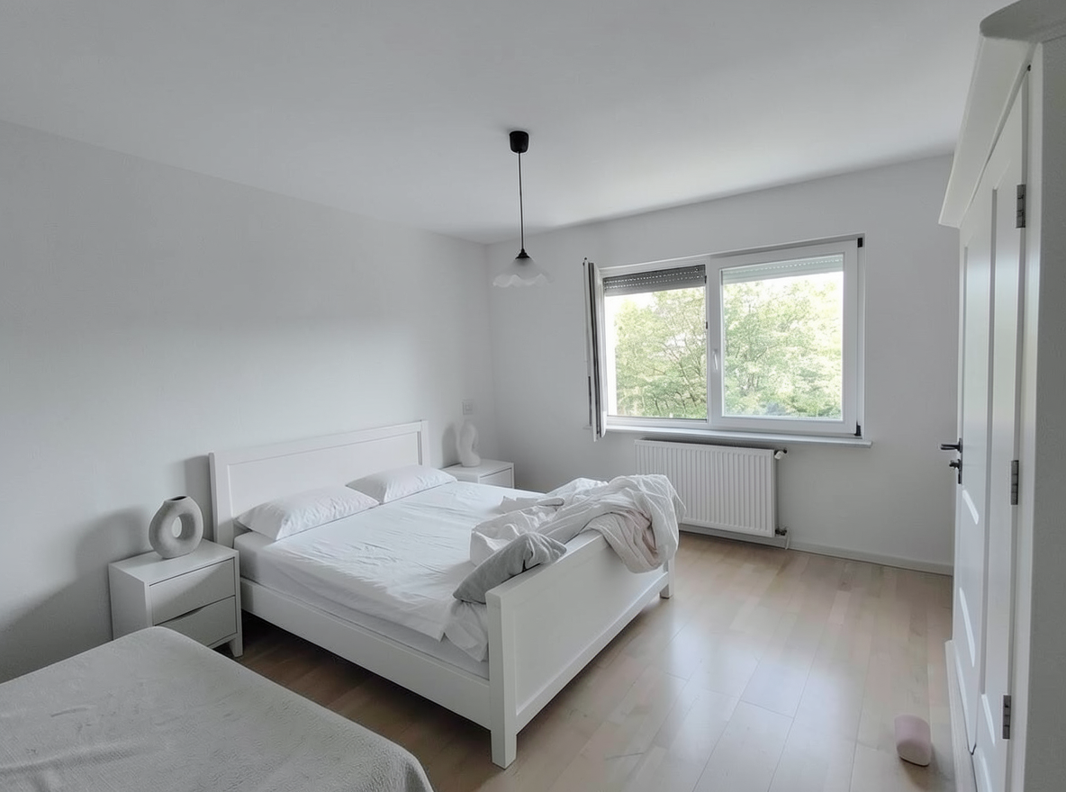 Main redesign studio: Redesign this room in a Minimalist interior style: an uncluttered space, a monochrome neutral palette, a few sculptural pieces, concealed storage, sof
