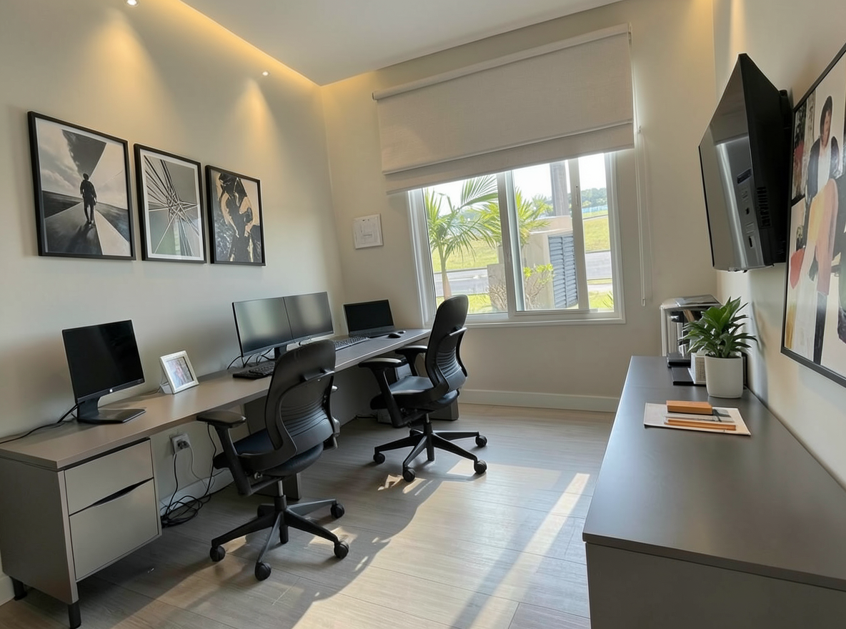 Main redesign studio: Redesign this room in a Modern interior style: clean lines, a neutral palette with bold accents, sleek low-profile furniture, glass and matte-metal su
