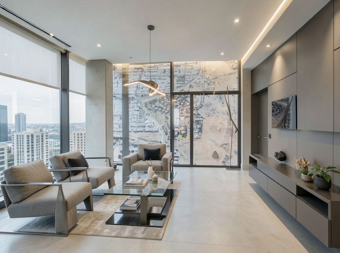 Main redesign studio: Redesign this room in a Modern interior style: clean lines, a neutral palette with bold accents, sleek low-profile furniture, glass and matte-metal su