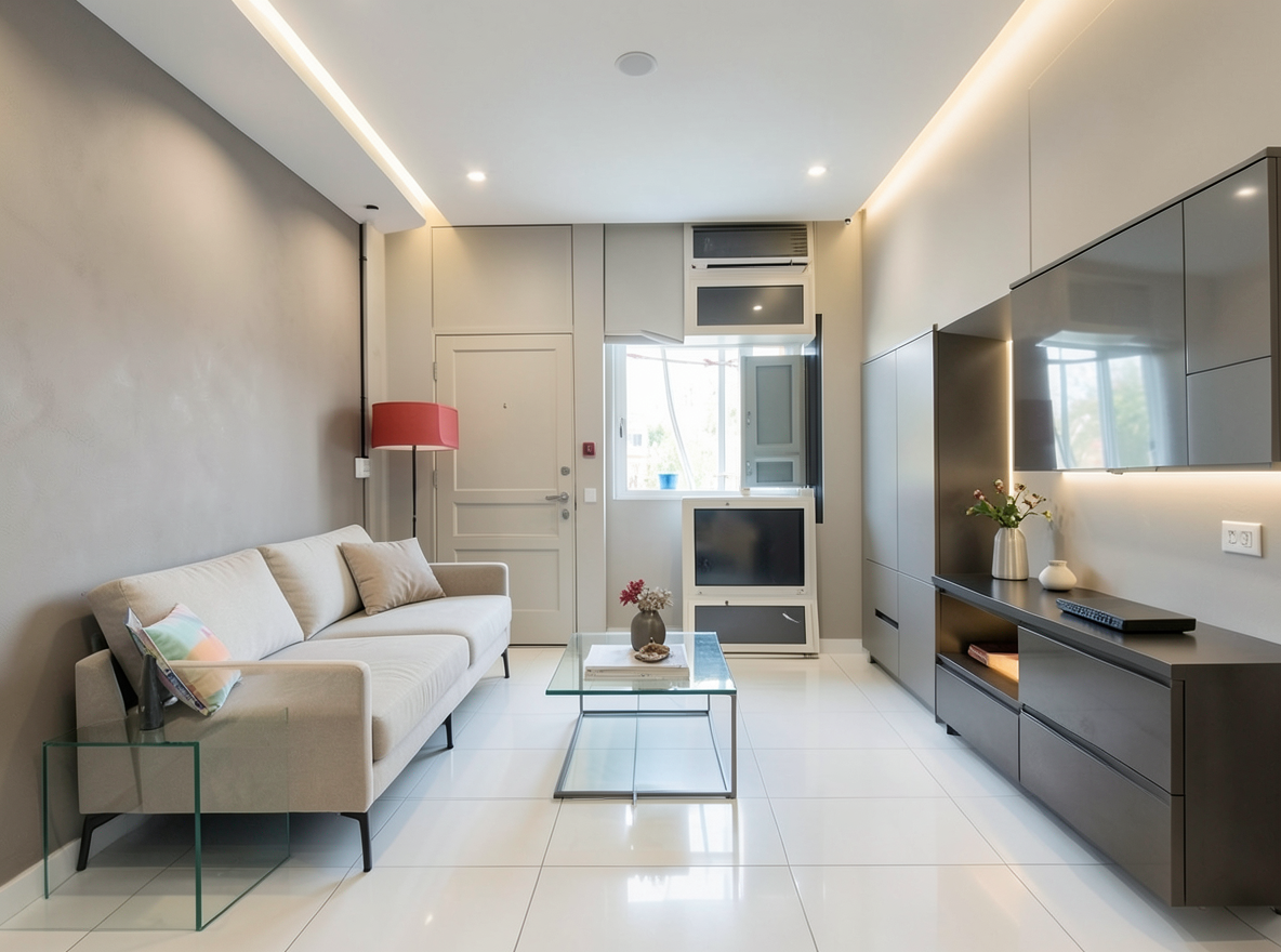 Main redesign studio: Redesign this room in a Modern interior style: clean lines, a neutral palette with bold accents, sleek low-profile furniture, glass and matte-metal su