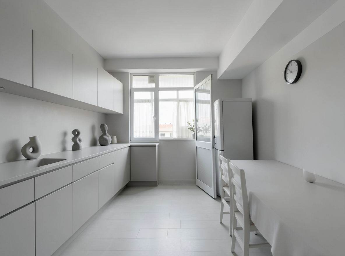 Main redesign studio: Redesign this room in a Minimalist interior style: an uncluttered space, a monochrome neutral palette, a few sculptural pieces, concealed storage, sof