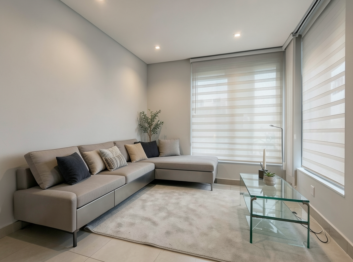 Main redesign studio: Redesign this room in a Modern interior style: clean lines, a neutral palette with bold accents, sleek low-profile furniture, glass and matte-metal su