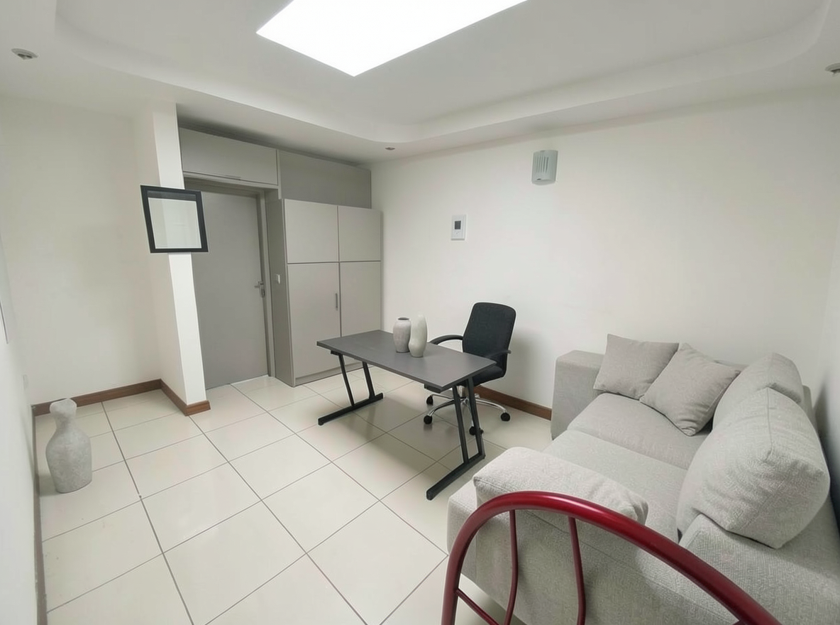 Main redesign studio: Redesign this room in a Minimalist interior style: an uncluttered space, a monochrome neutral palette, a few sculptural pieces, concealed storage, sof