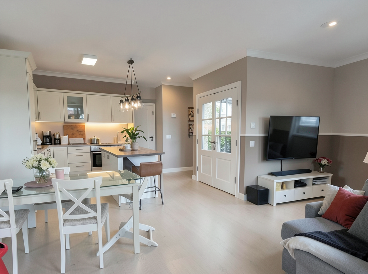 Main redesign studio: Redesign this room in a Modern interior style: clean lines, a neutral palette with bold accents, sleek low-profile furniture, glass and matte-metal su
