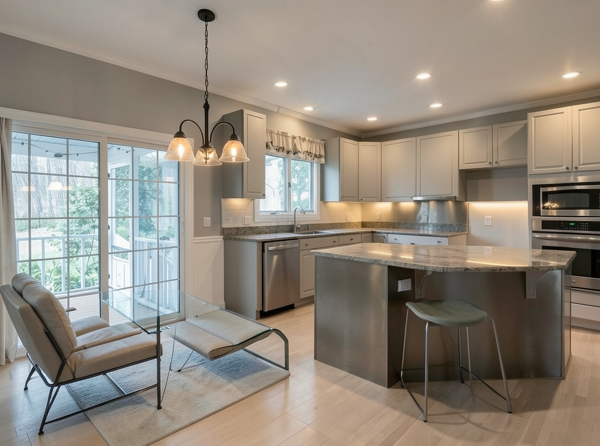 Main redesign studio: Redesign this room in a Modern interior style: clean lines, a neutral palette with bold accents, sleek low-profile furniture, glass and matte-metal su