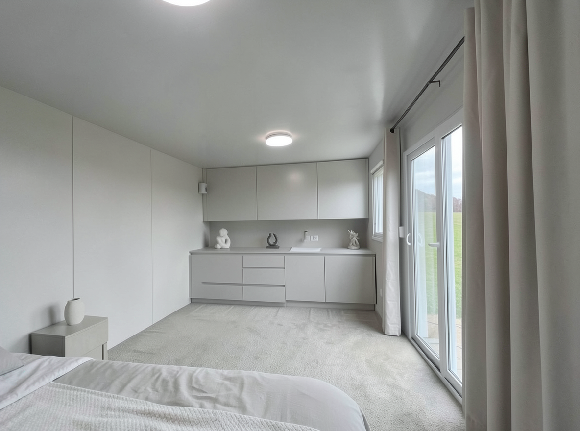 Main redesign studio: Redesign this room in a Minimalist interior style: an uncluttered space, a monochrome neutral palette, a few sculptural pieces, concealed storage, sof