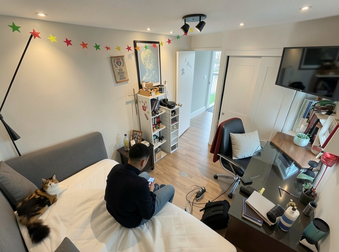 Main redesign studio: Redesign this room in a Modern interior style: clean lines, a neutral palette with bold accents, sleek low-profile furniture, glass and matte-metal su