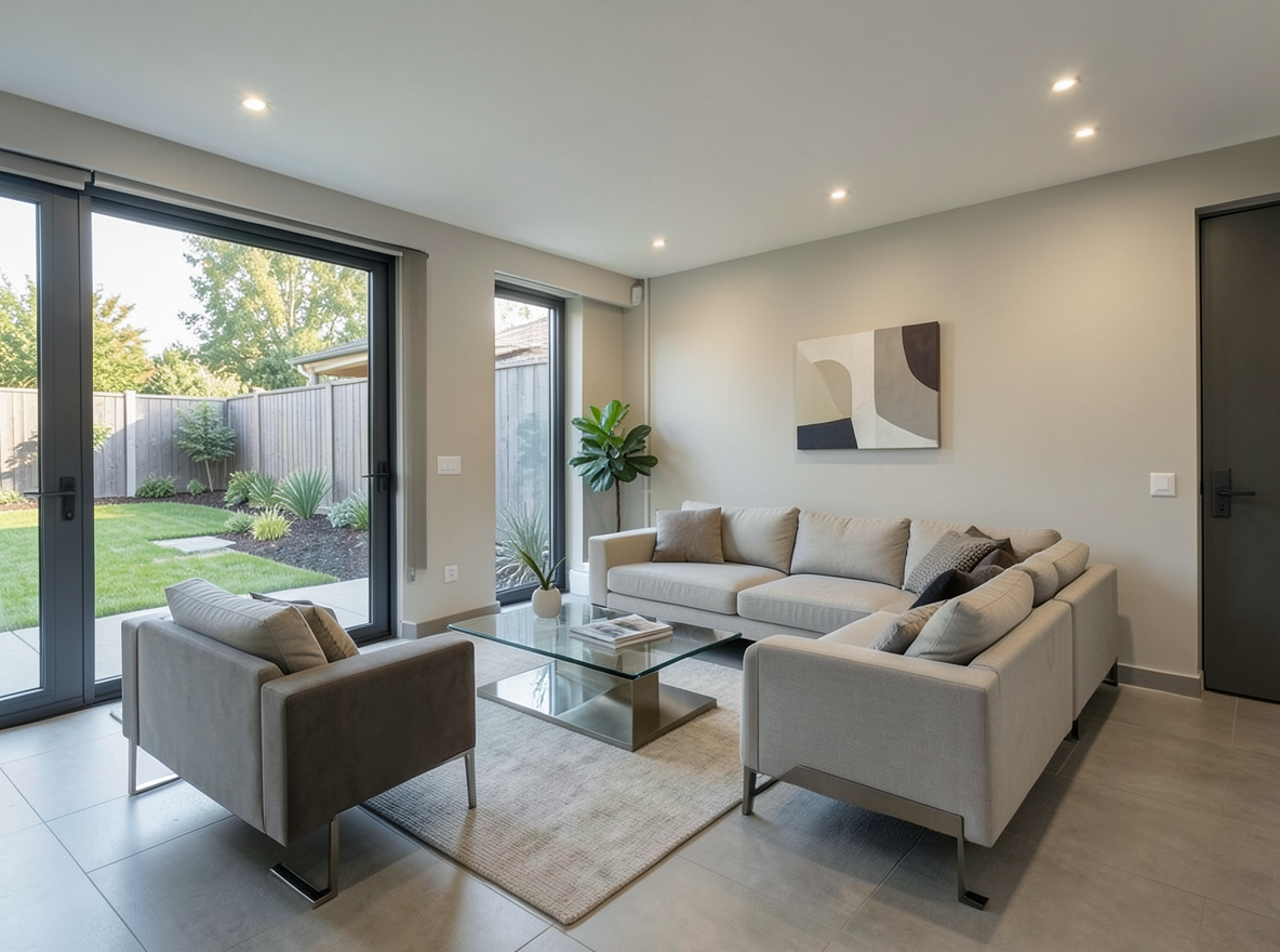 Main redesign studio: Redesign this room in a Modern interior style: clean lines, a neutral palette with bold accents, sleek low-profile furniture, glass and matte-metal su