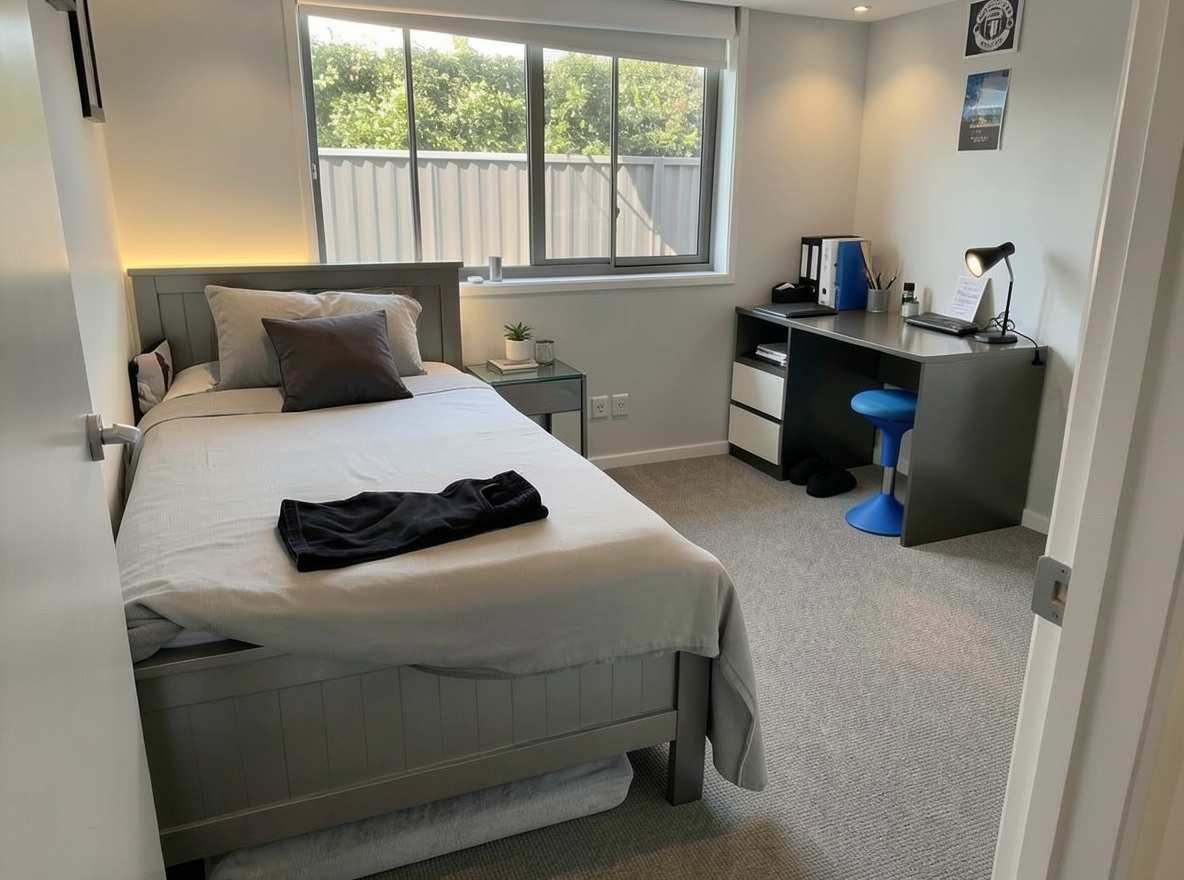 Main redesign studio: Redesign this room in a Modern interior style: clean lines, a neutral palette with bold accents, sleek low-profile furniture, glass and matte-metal su