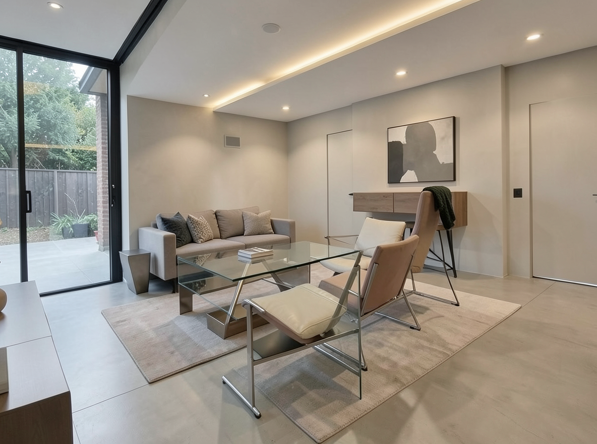 Main redesign studio: Redesign this room in a Modern interior style: clean lines, a neutral palette with bold accents, sleek low-profile furniture, glass and matte-metal su