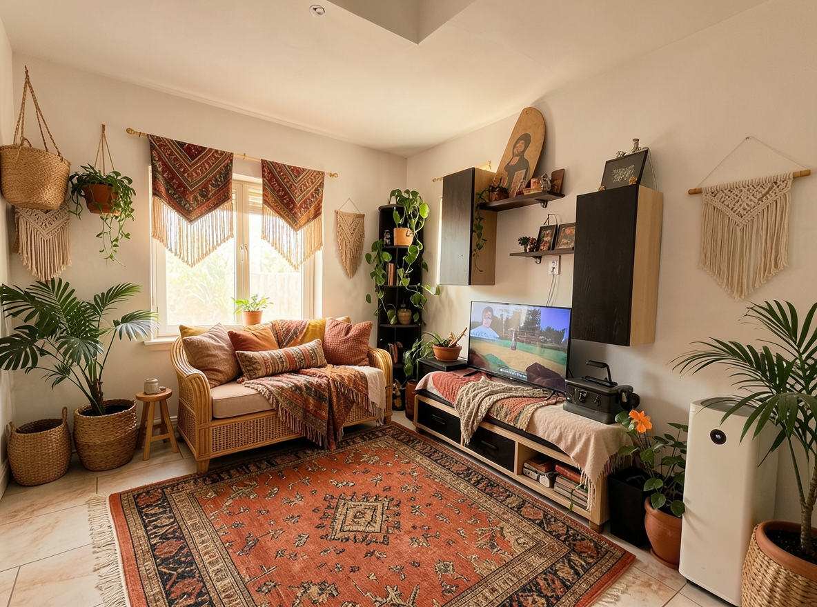 Main redesign studio: Redesign this room in a Boho interior style: layered patterned textiles, rattan and macramé, terracotta and warm earthy tones, abundant plants, vintag