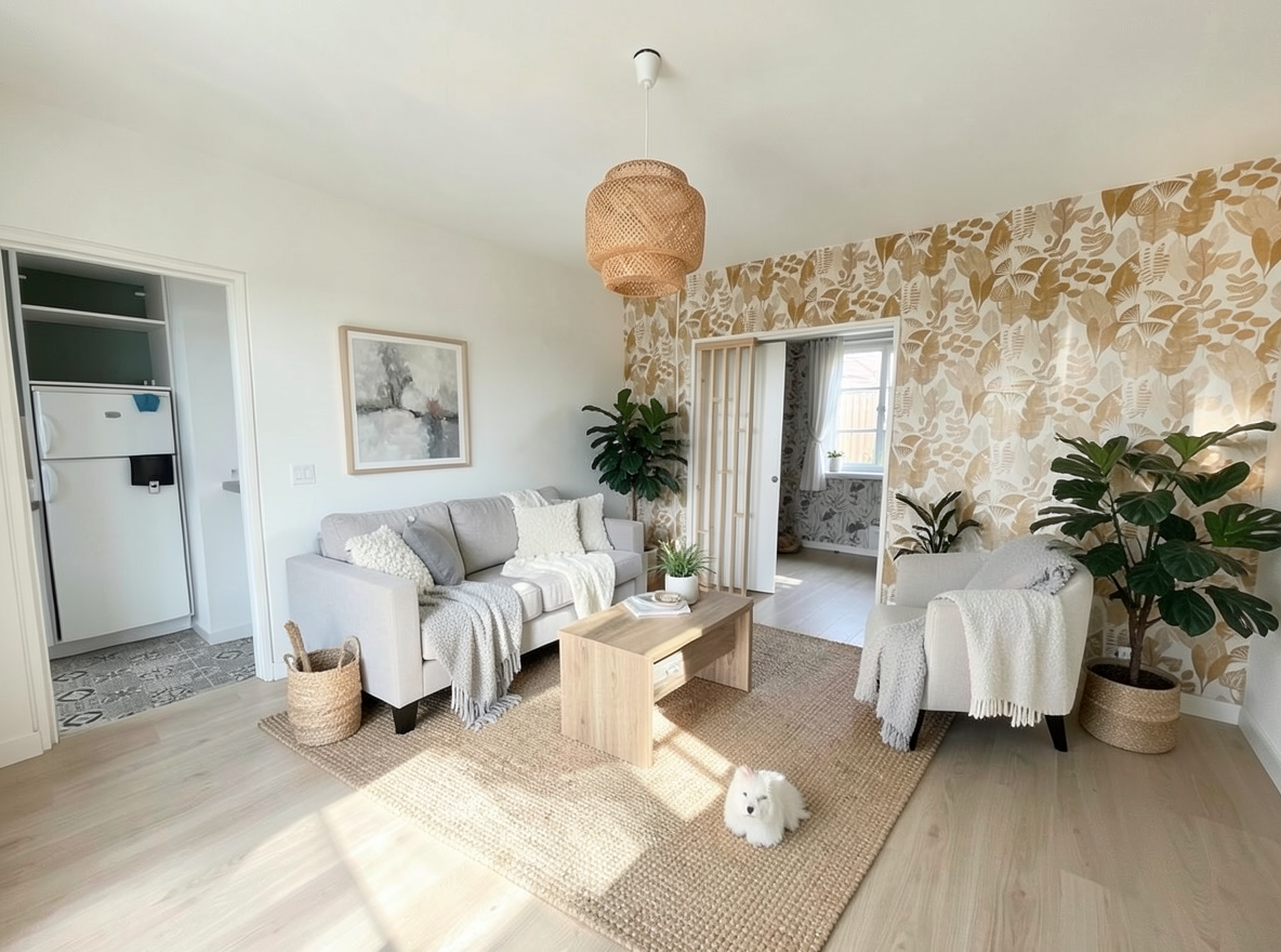 Main redesign studio: Redesign this room in a Scandinavian interior style: light oak wood, a white and soft-grey palette, wool and linen textiles, a woven jute rug, leafy p