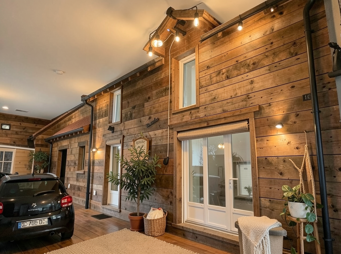 Main redesign studio: Redesign this room in a Farmhouse interior style: shiplap walls, warm reclaimed wood, matte-black fixtures, cozy neutral textiles, vintage accents, so