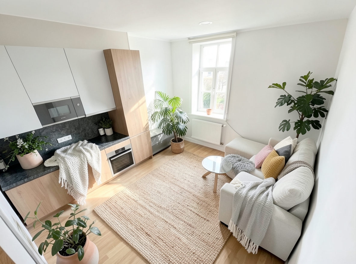 Main redesign studio: Redesign this room in a Scandinavian interior style: light oak wood, a white and soft-grey palette, wool and linen textiles, a woven jute rug, leafy p
