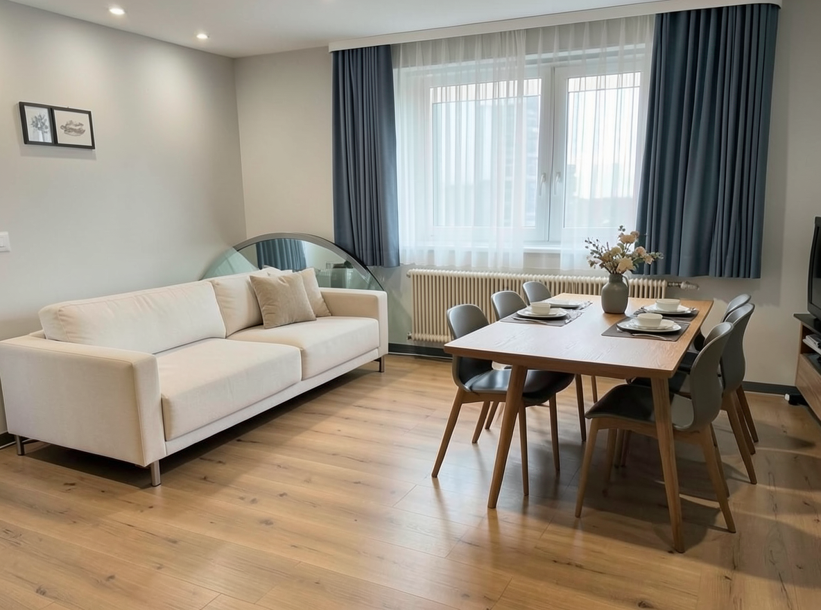 Main redesign studio: Redesign this room in a Modern interior style: clean lines, a neutral palette with bold accents, sleek low-profile furniture, glass and matte-metal su