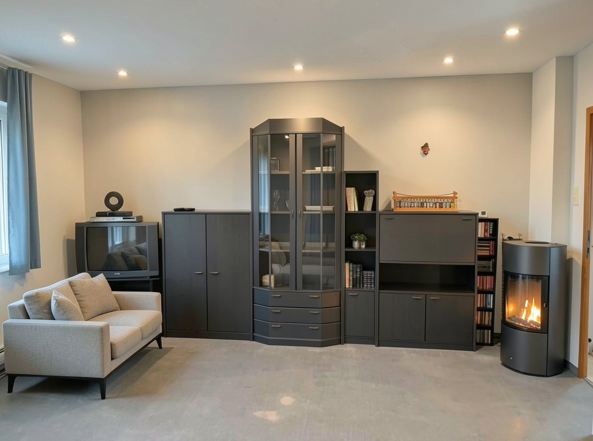 Main redesign studio: Redesign this room in a Modern interior style: clean lines, a neutral palette with bold accents, sleek low-profile furniture, glass and matte-metal su