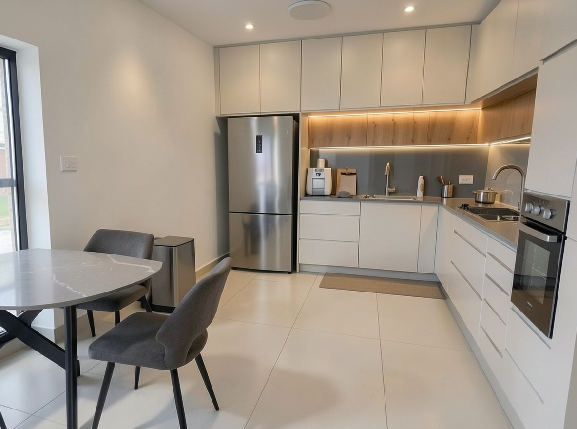 Main redesign studio: Redesign this room in a Modern interior style: clean lines, a neutral palette with bold accents, sleek low-profile furniture, glass and matte-metal su