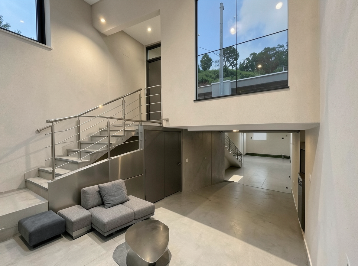 Main redesign studio: Redesign this room in a Modern interior style: clean lines, a neutral palette with bold accents, sleek low-profile furniture, glass and matte-metal su