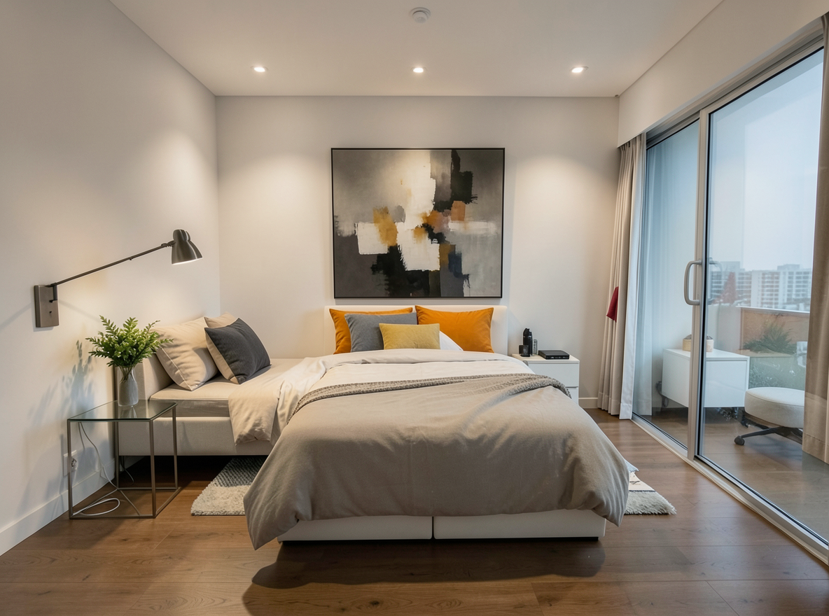 Main redesign studio: Redesign this room in a Modern interior style: clean lines, a neutral palette with bold accents, sleek low-profile furniture, glass and matte-metal su