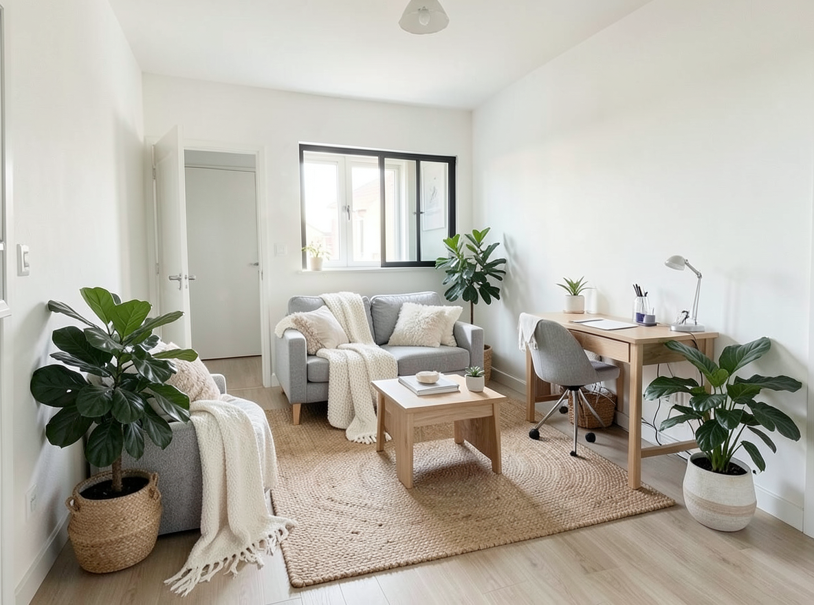 Main redesign studio: Redesign this room in a Scandinavian interior style: light oak wood, a white and soft-grey palette, wool and linen textiles, a woven jute rug, leafy p