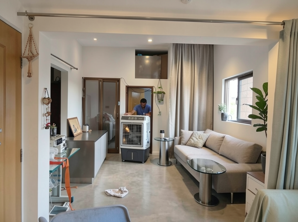 Main redesign studio: Redesign this room in a Modern interior style: clean lines, a neutral palette with bold accents, sleek low-profile furniture, glass and matte-metal su