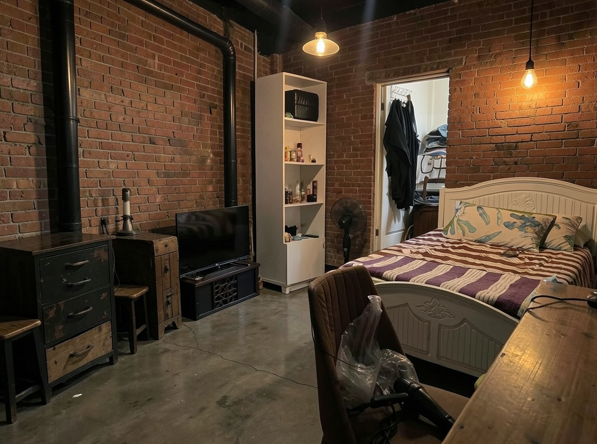 Main redesign studio: Redesign this room in a Industrial interior style: exposed-brick walls, black steel and reclaimed-wood furniture, polished concrete floor, leather acc