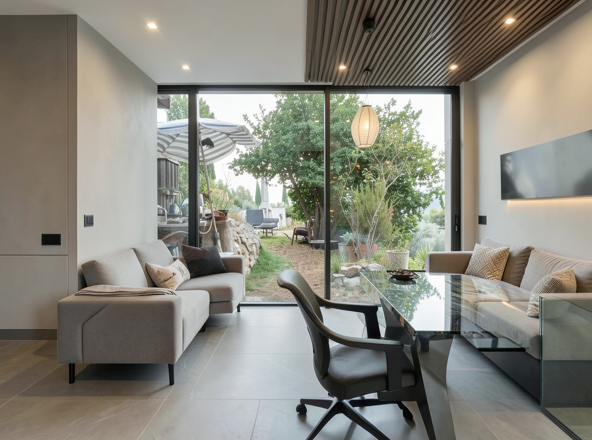 Main redesign studio: Redesign this room in a Modern interior style: clean lines, a neutral palette with bold accents, sleek low-profile furniture, glass and matte-metal su
