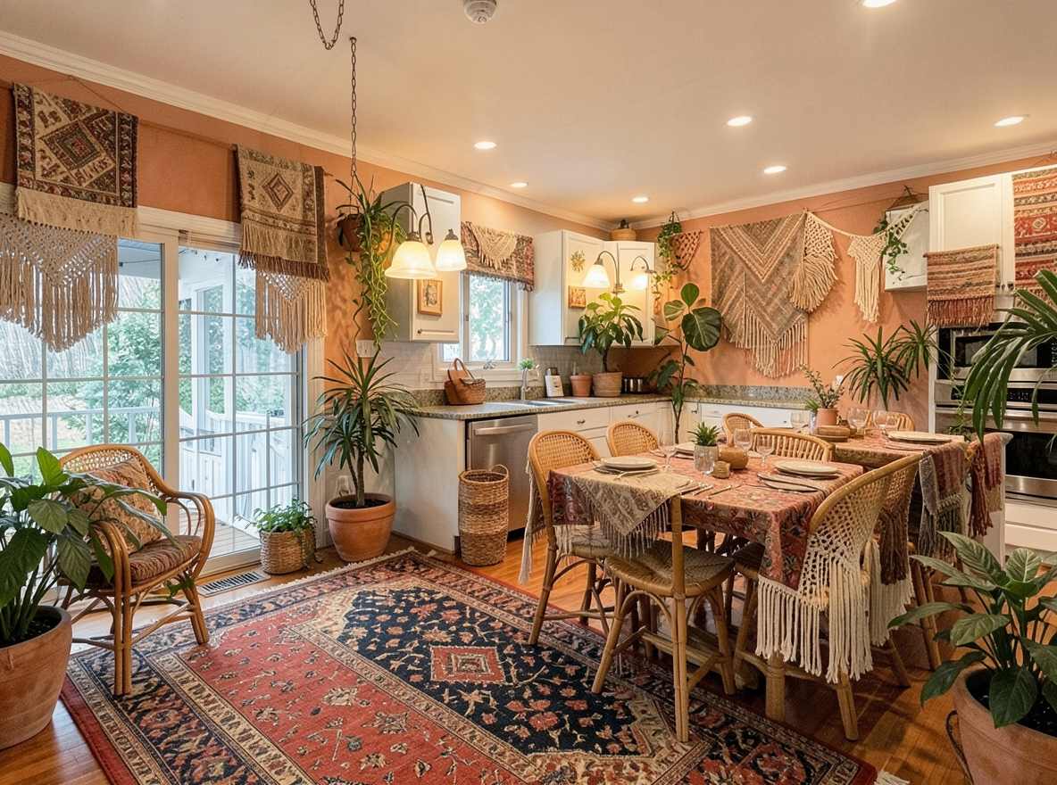 Main redesign studio: Redesign this room in a Boho interior style: layered patterned textiles, rattan and macramé, terracotta and warm earthy tones, abundant plants, vintag