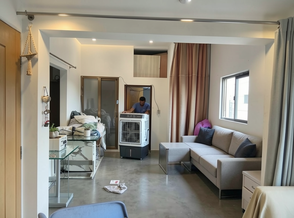 Main redesign studio: Redesign this room in a Modern interior style: clean lines, a neutral palette with bold accents, sleek low-profile furniture, glass and matte-metal su