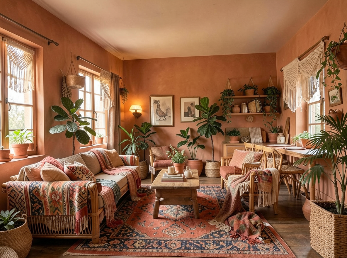 Main redesign studio: Redesign this room in a Boho interior style: layered patterned textiles, rattan and macramé, terracotta and warm earthy tones, abundant plants, vintag
