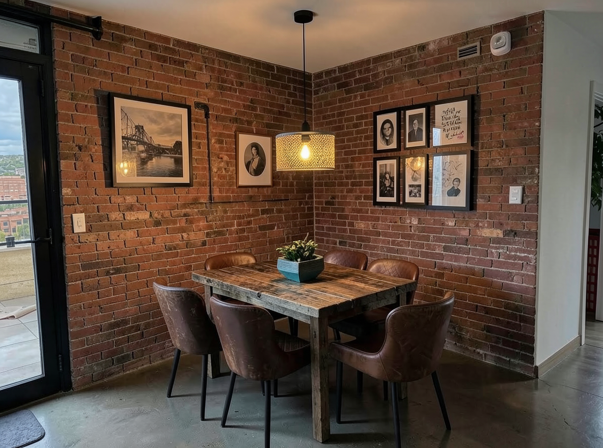 Main redesign studio: Redesign this room in a Industrial interior style: exposed-brick walls, black steel and reclaimed-wood furniture, polished concrete floor, leather acc