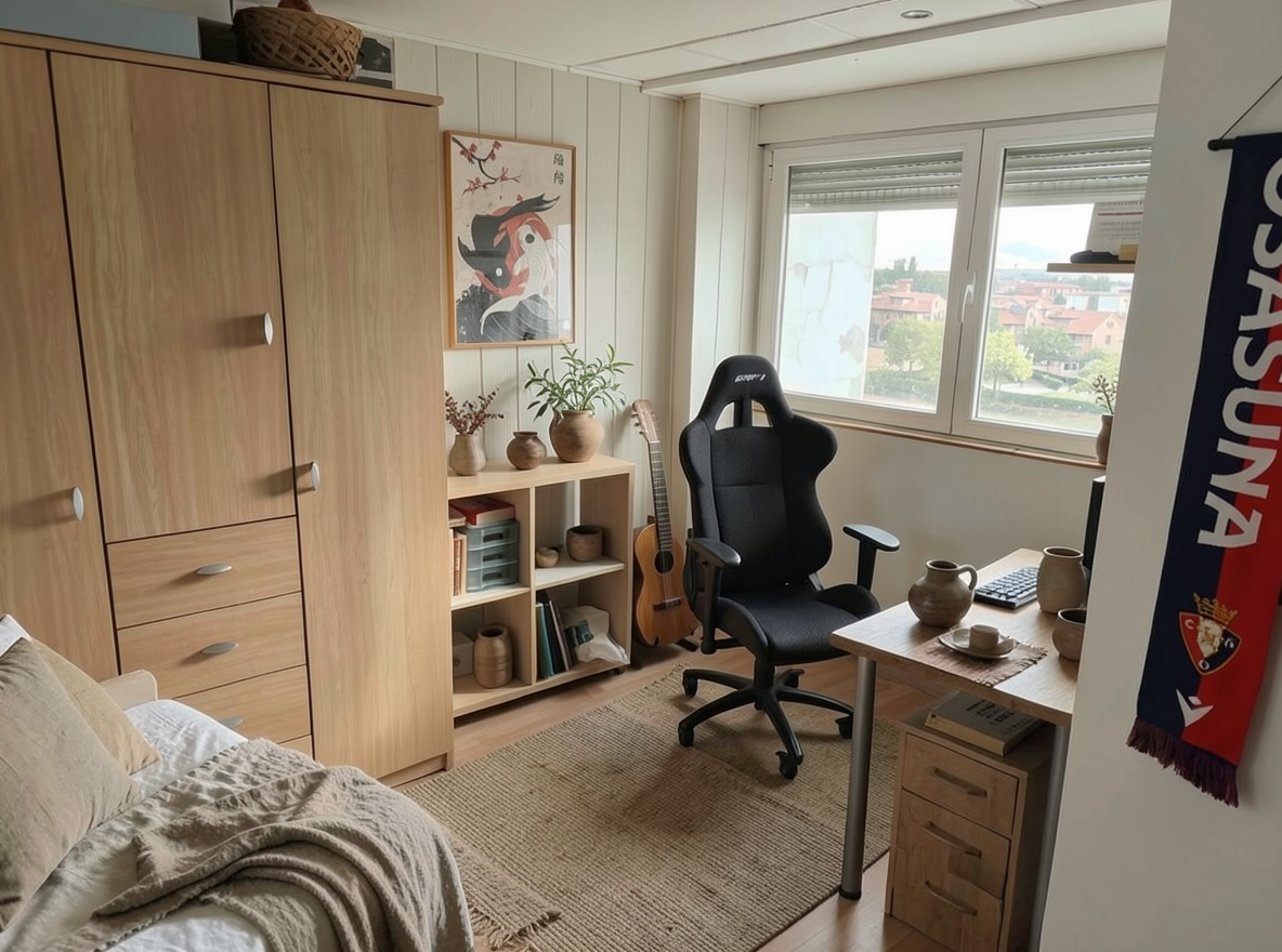 Main redesign studio: Redesign this room in a Japandi interior style: low natural-wood furniture, a muted earthy palette, handcrafted ceramics, linen textiles, soft diffuse