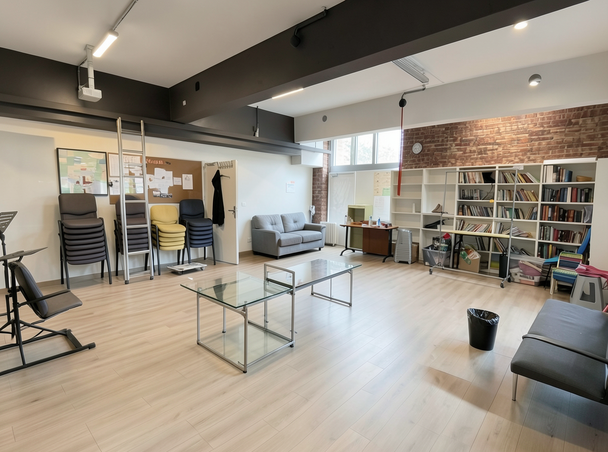 Main redesign studio: Redesign this room in a Modern interior style: clean lines, a neutral palette with bold accents, sleek low-profile furniture, glass and matte-metal su