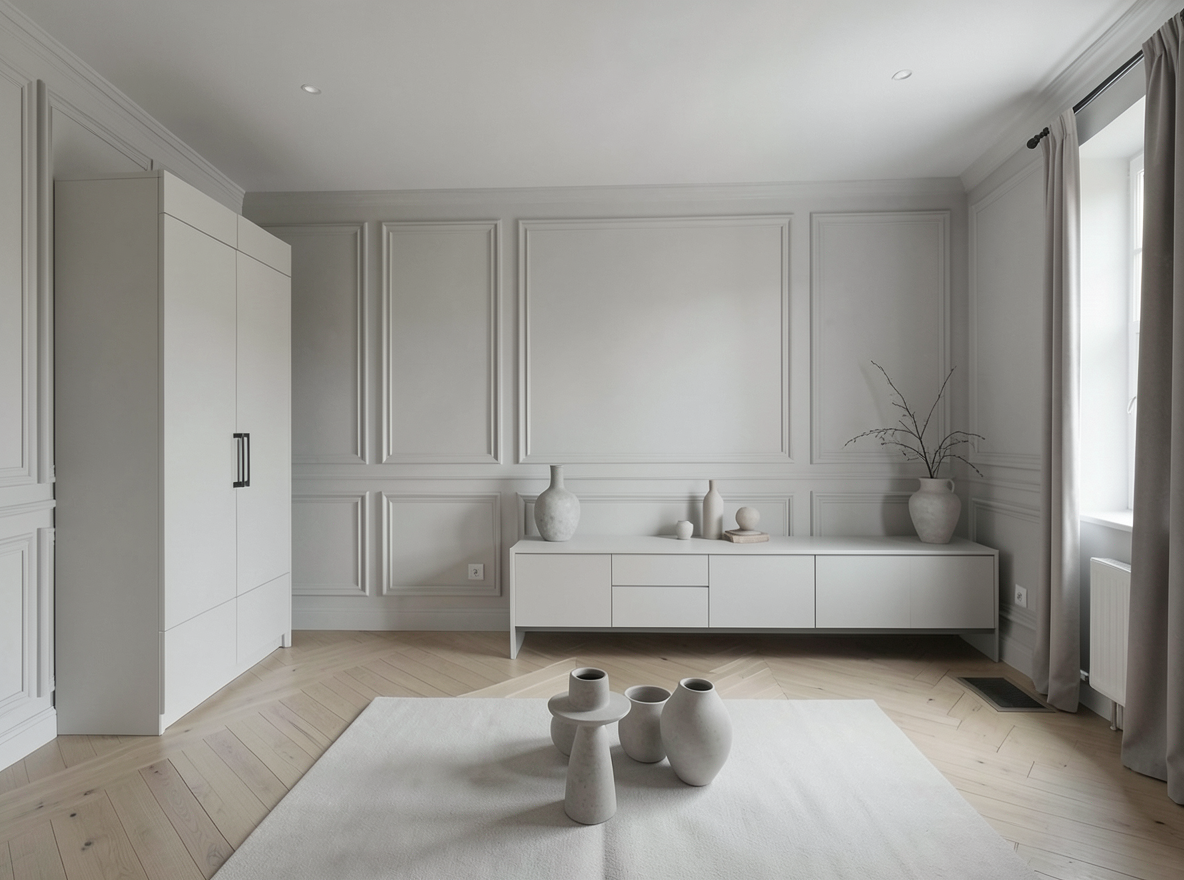 Main redesign studio: Redesign this room in a Minimalist interior style: an uncluttered space, a monochrome neutral palette, a few sculptural pieces, concealed storage, sof