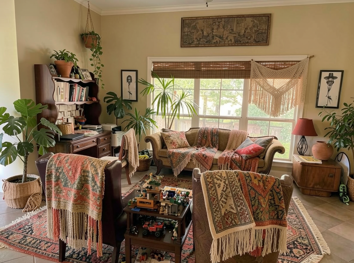 Main redesign studio: Redesign this room in a Boho interior style: layered patterned textiles, rattan and macramé, terracotta and warm earthy tones, abundant plants, vintag