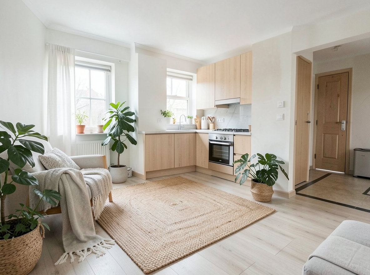Main redesign studio: Redesign this room in a Scandinavian interior style: light oak wood, a white and soft-grey palette, wool and linen textiles, a woven jute rug, leafy p