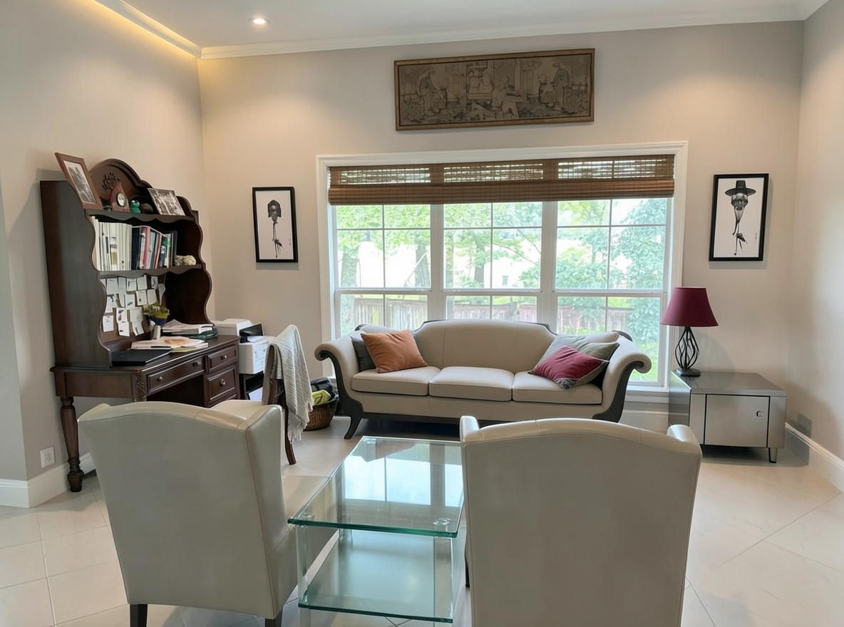 Main redesign studio: Redesign this room in a Modern interior style: clean lines, a neutral palette with bold accents, sleek low-profile furniture, glass and matte-metal su