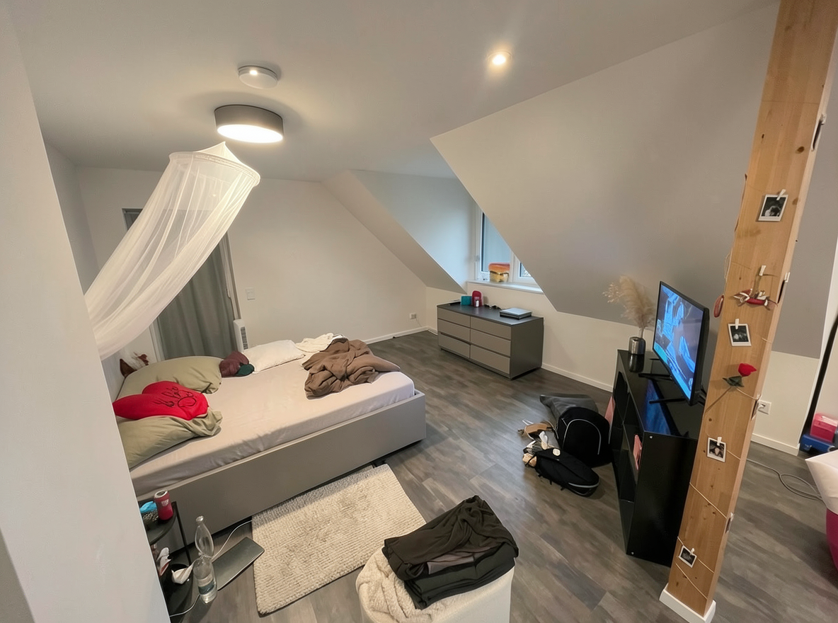 Main redesign studio: Redesign this room in a Modern interior style: clean lines, a neutral palette with bold accents, sleek low-profile furniture, glass and matte-metal su
